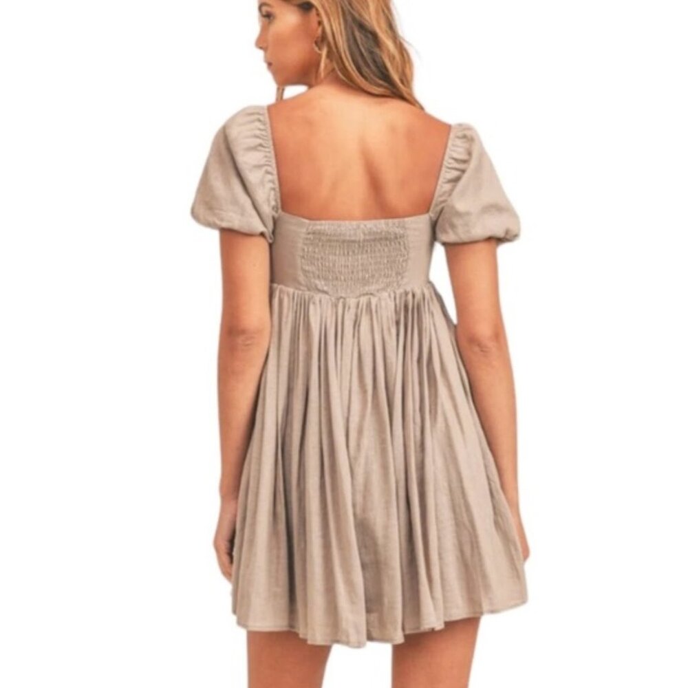 Mable Marlowe Tan Puff Sleeve Mini Peasant Babydoll Dress Cottagecore Women's S - Picture 4 of 9